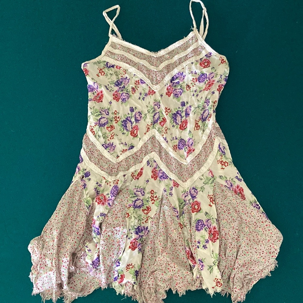 Floral Lace-Trim Mini Dress - Cream with Pink & Purple Flowers
